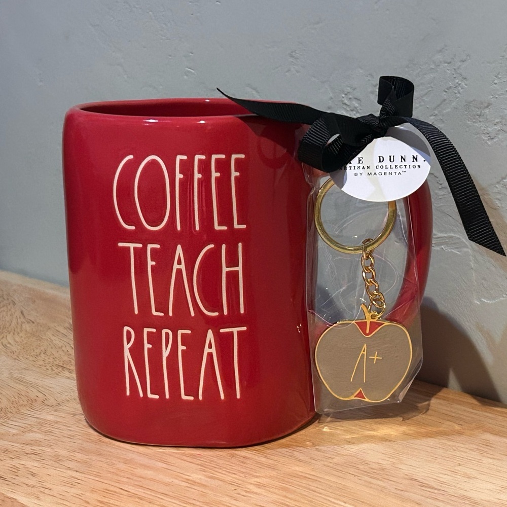 NWTS Rae Dunn Red “COFFEE TEACH REPEAT” Ceramic Mug. Includes Teacher Keychain.